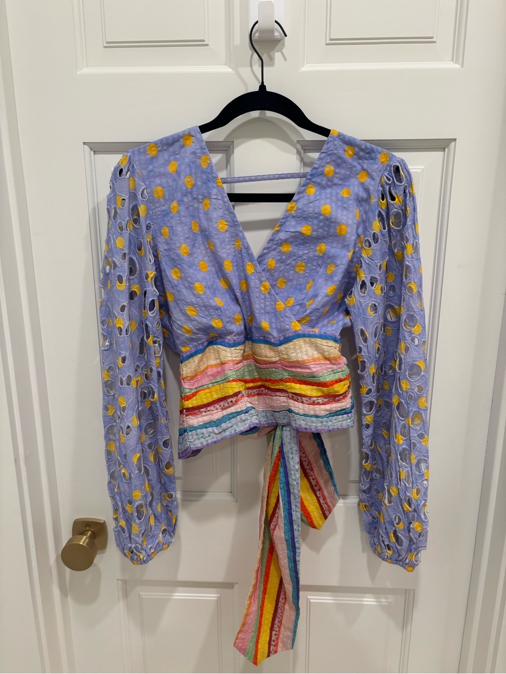 Anthropologie Lavender Eyelet Wrap Top with Yellow Dot and Rainbow Tie